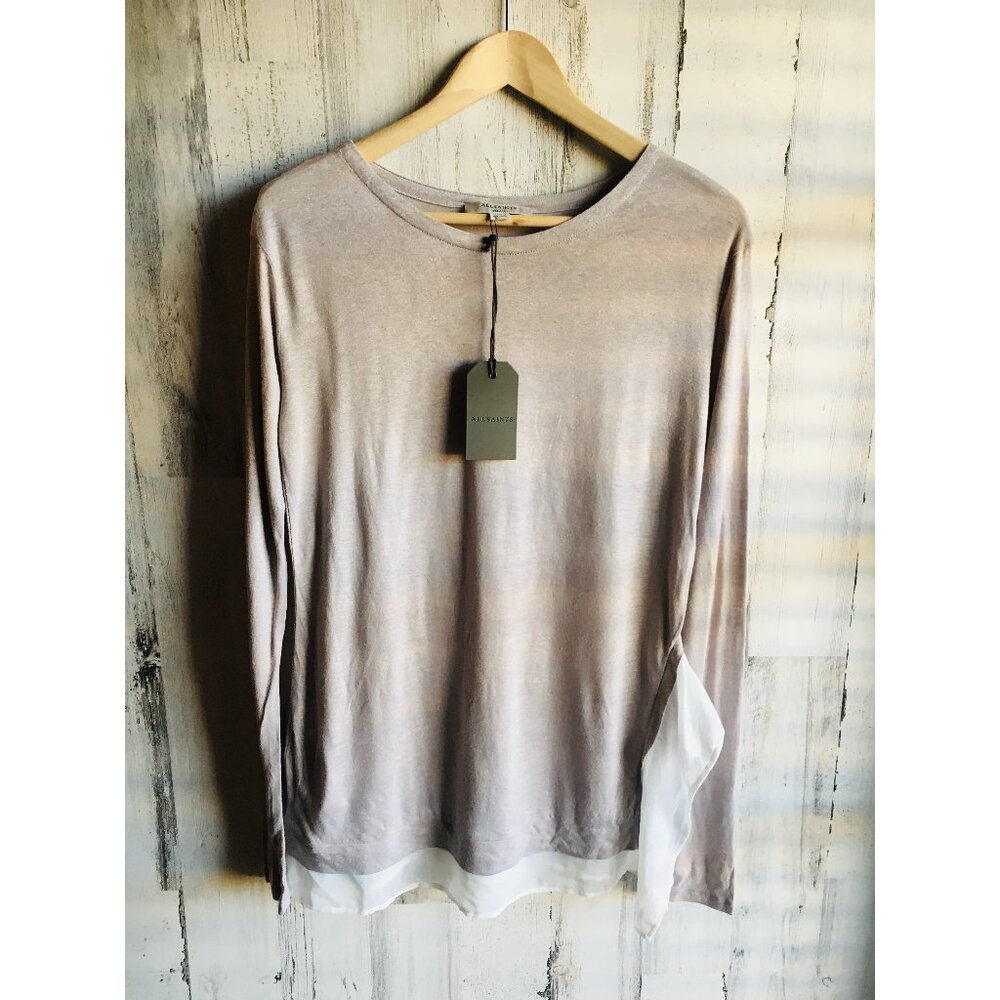 NWT All Saints Miro Long Sleeve Tee Small Asymmetrical Ruffle Hem Ash Gray S